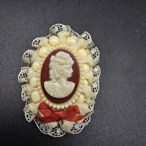 Artisan Cameo Brooch Lace Cream Orange Costume Jewelry